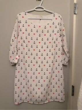 White Nautical Anchor Shift Dress with Navy Anchors & Red Wheels
